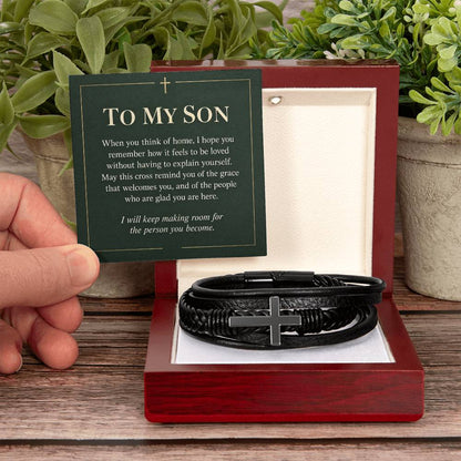 Black cross bracelet with son welcome home message card | Hensley London