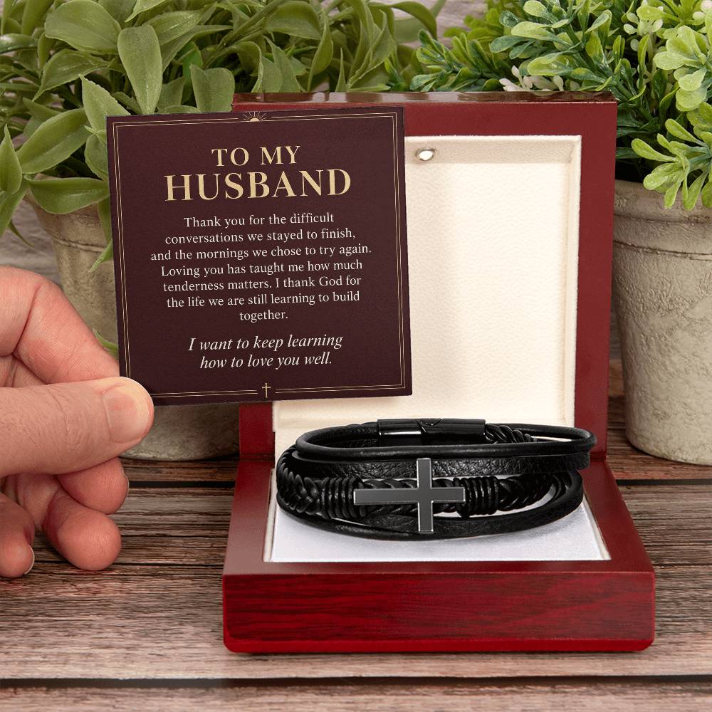 Black cross bracelet with husband growing together message card | Hensley London