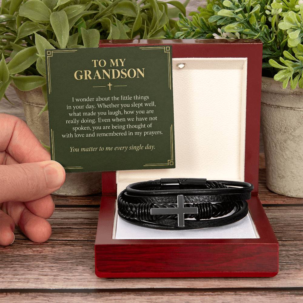 Black cross bracelet with grandson everyday prayers message card | Hensley London