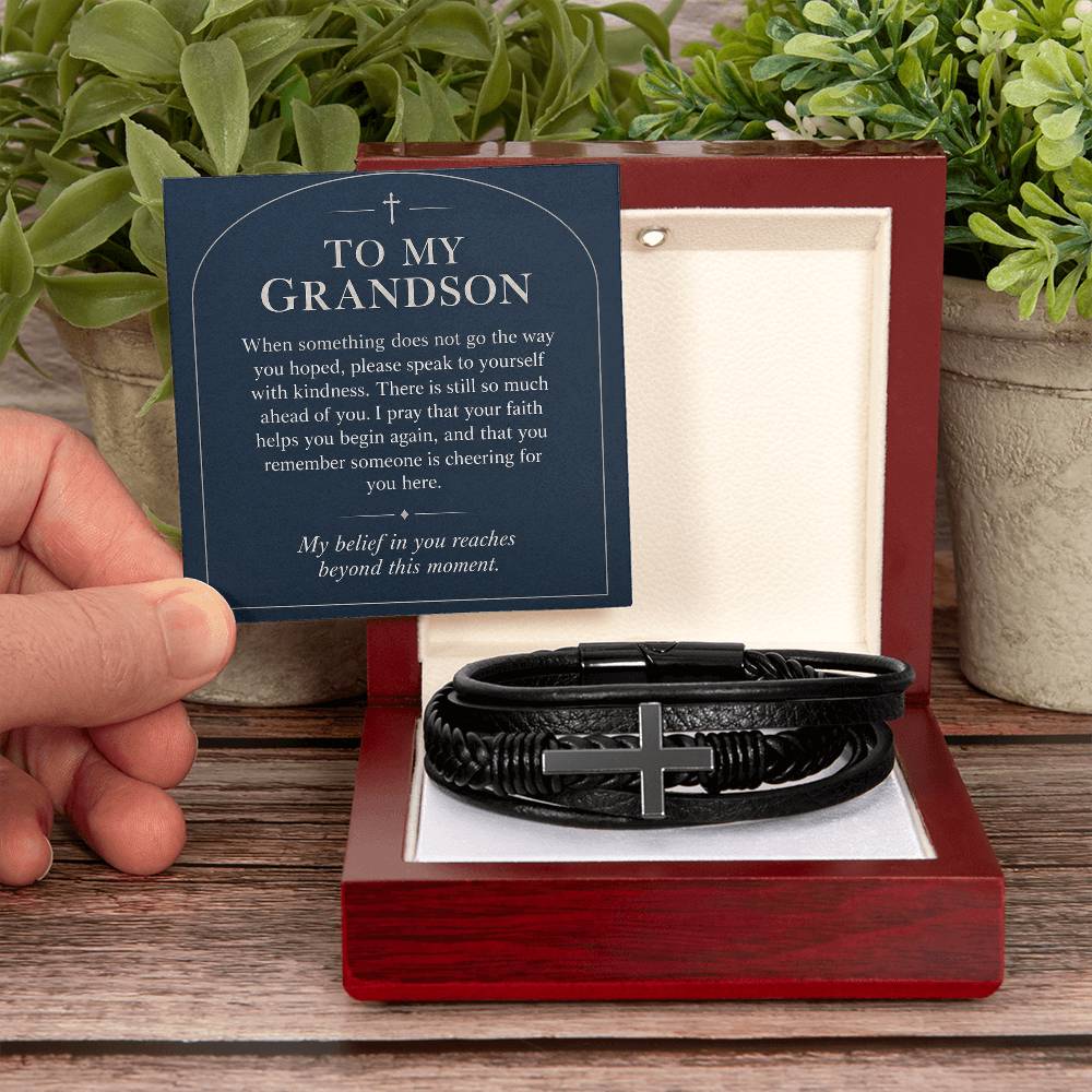Black cross bracelet with grandson new beginnings message card | Hensley London