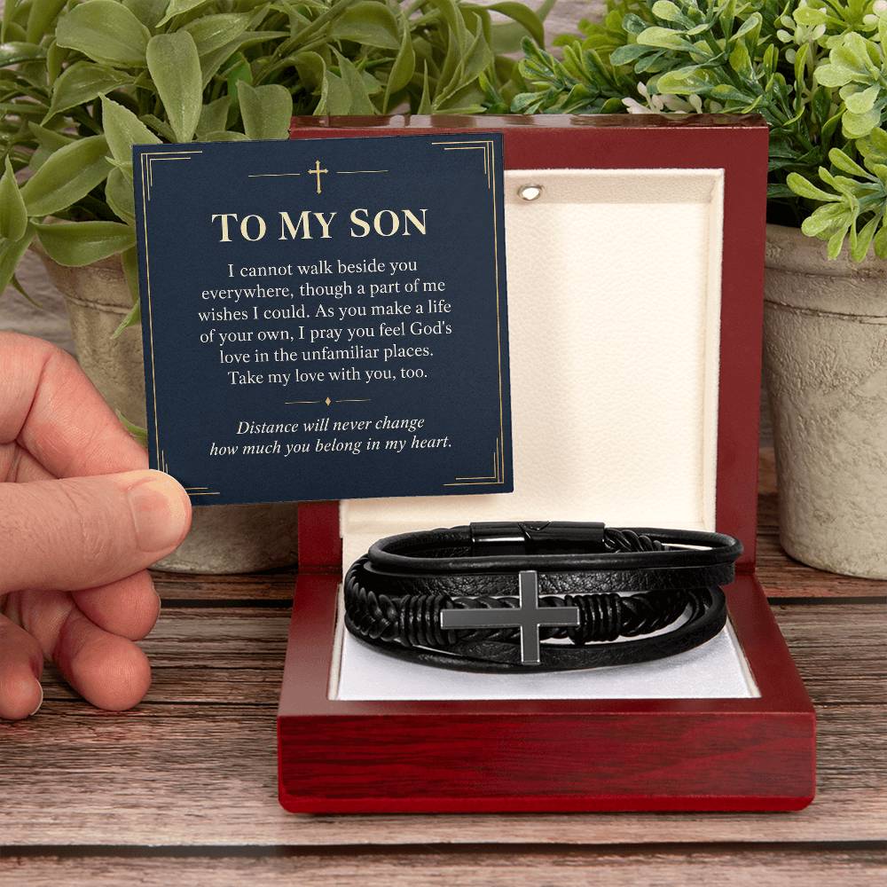 Black cross bracelet with son love across distance message card | Hensley London