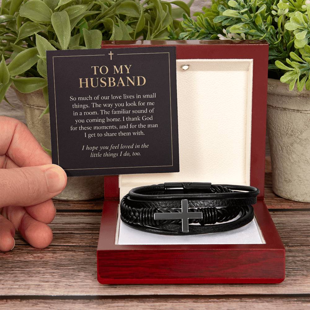 Black cross bracelet with husband everyday love message card | Hensley London