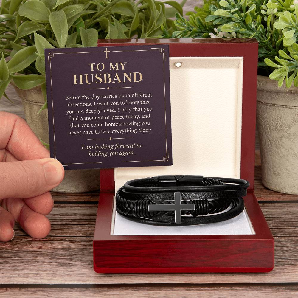 Black cross bracelet with husband daily prayer message card | Hensley London