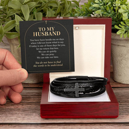 Black cross bracelet with husband quiet support message card | Hensley London
