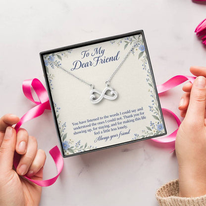 White-gold Endless Love infinity necklace and Friend message card in standard box with pink ribbon | Hensley London