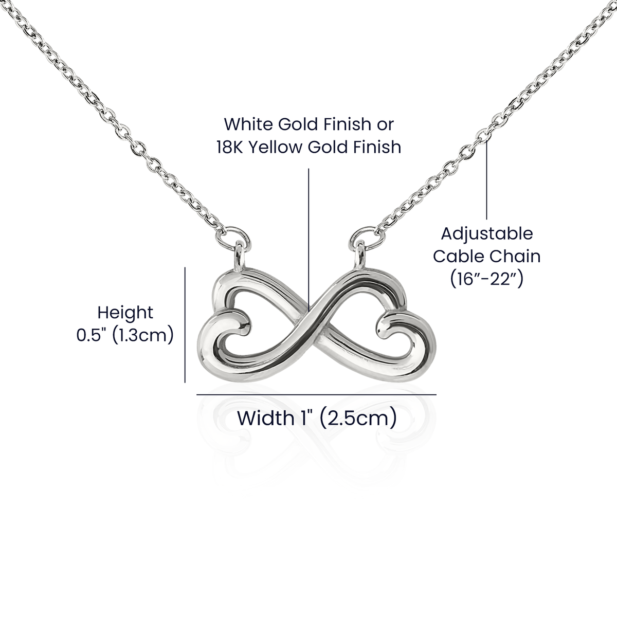 Gift for Daughter Endless Love Infinity Heart Necklace in white gold finish – pendant and chain dimensions | Hensley London