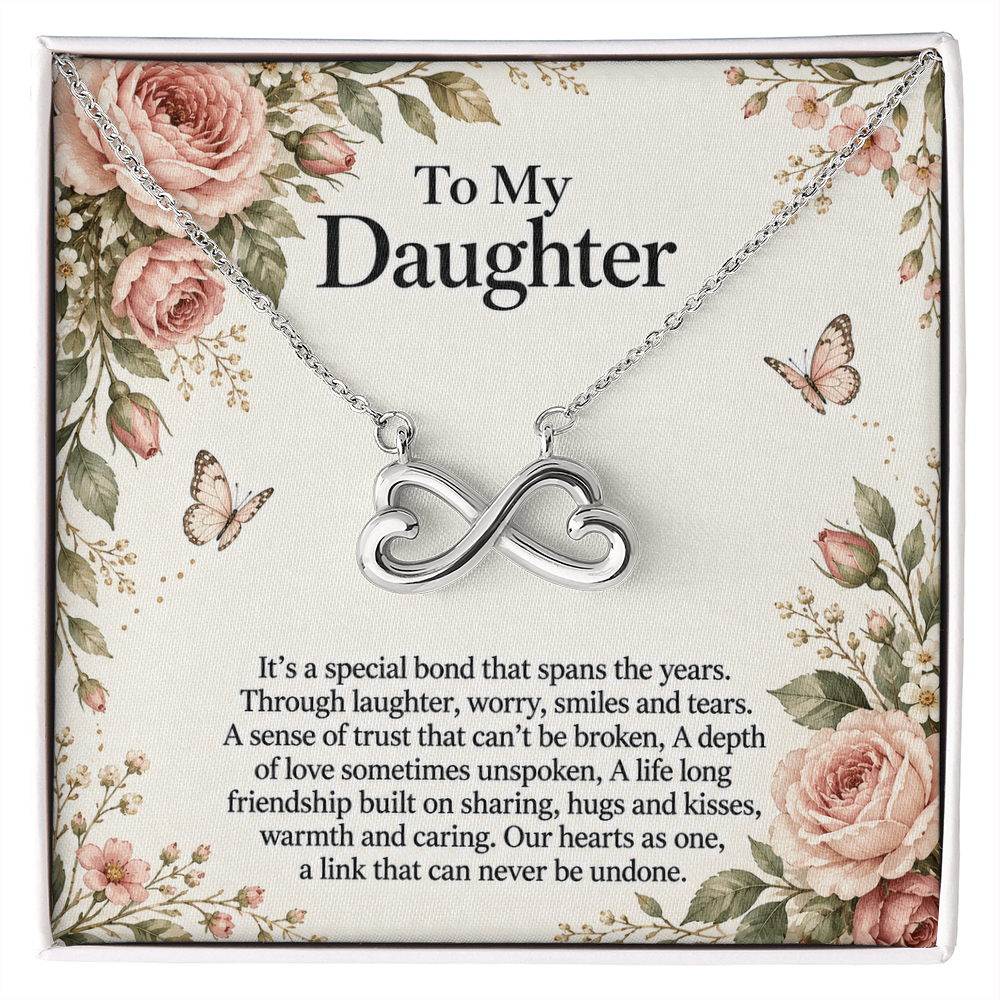 Gift for Daughter Endless Love Infinity Heart Necklace in white gold finish – message card front view | Hensley London