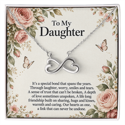 Gift for Daughter Endless Love Infinity Heart Necklace in white gold finish – message card front view | Hensley London