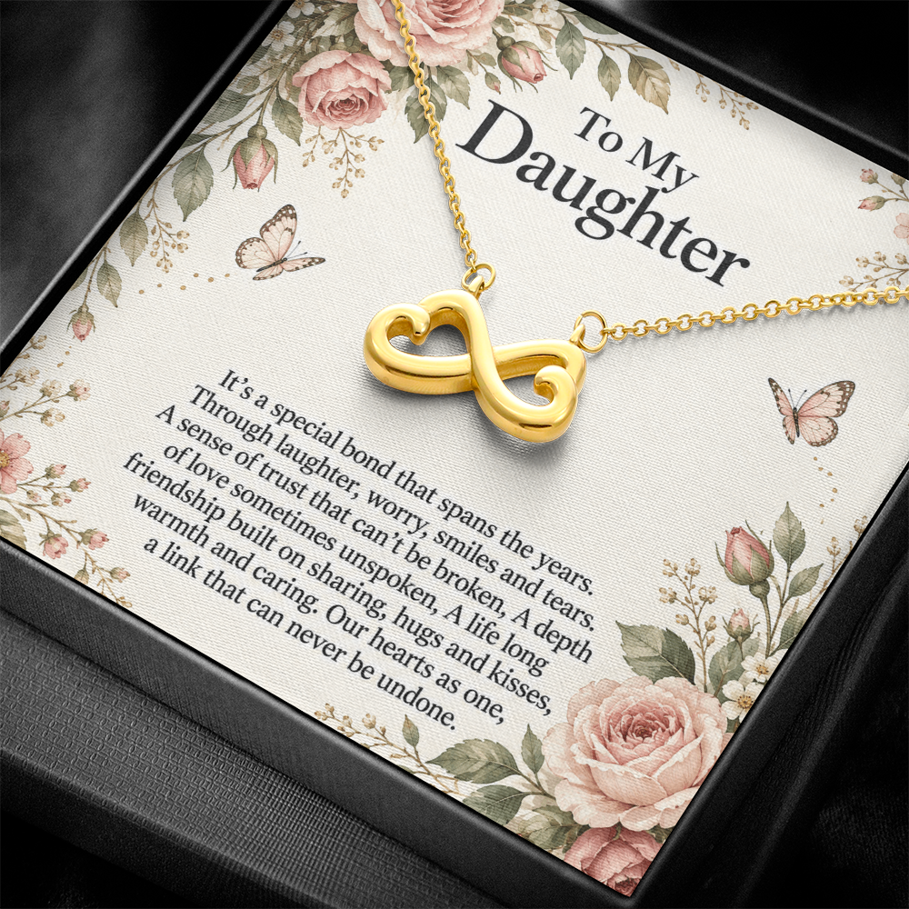 Gift for Daughter Endless Love Infinity Heart Necklace in yellow gold finish – standard box and message card close-up | Hensley London