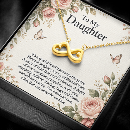 Gift for Daughter Endless Love Infinity Heart Necklace in yellow gold finish – standard box and message card close-up | Hensley London