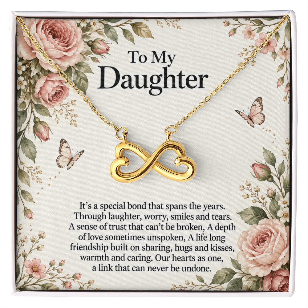 Gift for Daughter Endless Love Infinity Heart Necklace in yellow gold finish – message card front view | Hensley London