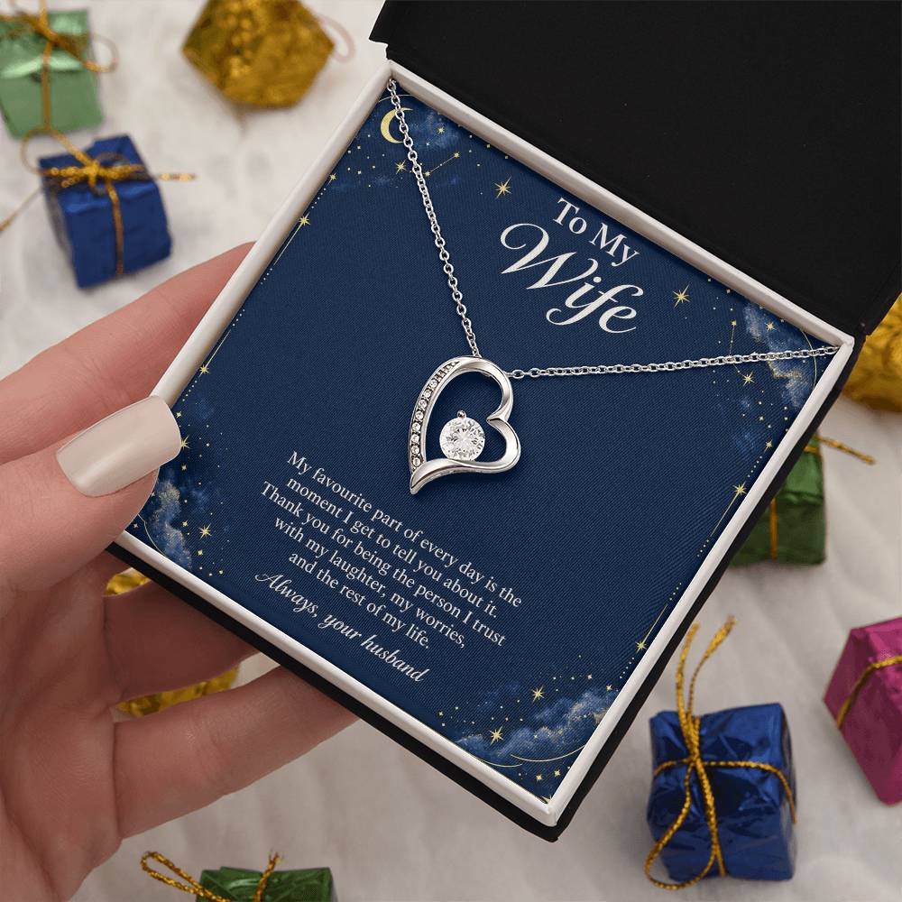 White-gold Forever Love heart necklace and Wife message card in standard box with gift parcels | Hensley London