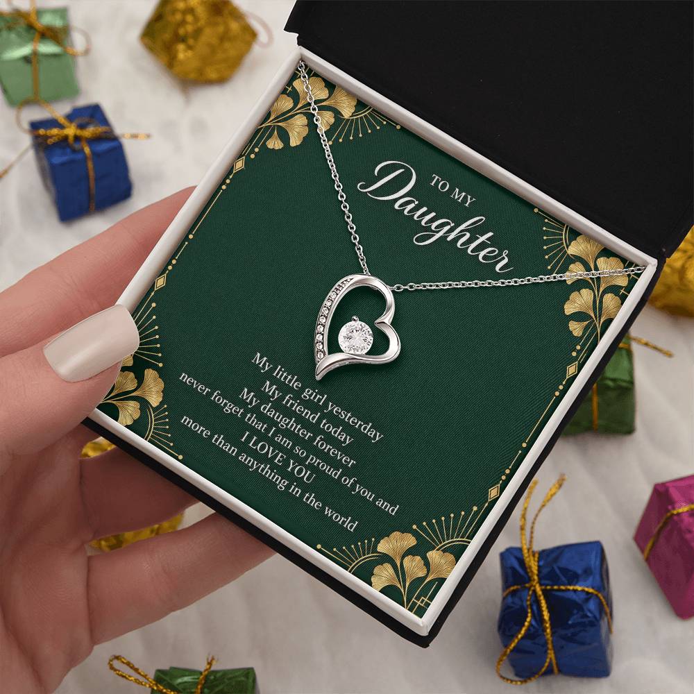 Gift for Daughter Forever Love necklace with Emerald Neo Deco message card in White Gold Finish – standard box gift presentation | Hensley London
