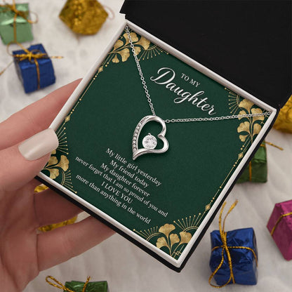 Gift for Daughter Forever Love necklace with Emerald Neo Deco message card in White Gold Finish – standard box gift presentation | Hensley London