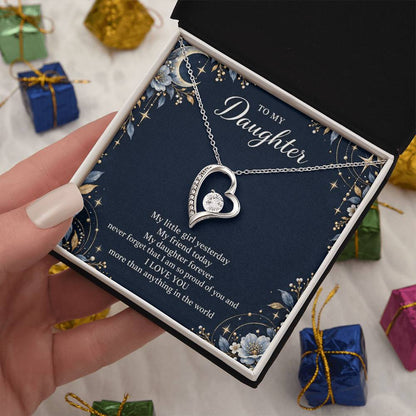 Gift for Daughter Forever Love necklace with Navy Starlight message card in White Gold Finish – standard box gift presentation | Hensley London