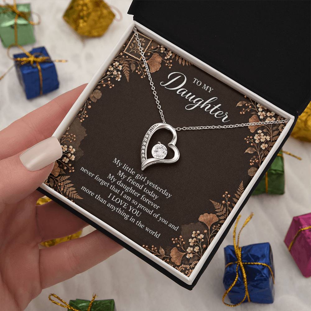 Gift for Daughter Forever Love necklace with Espresso Poet Letter message card in White Gold Finish – standard box gift presentation | Hensley London