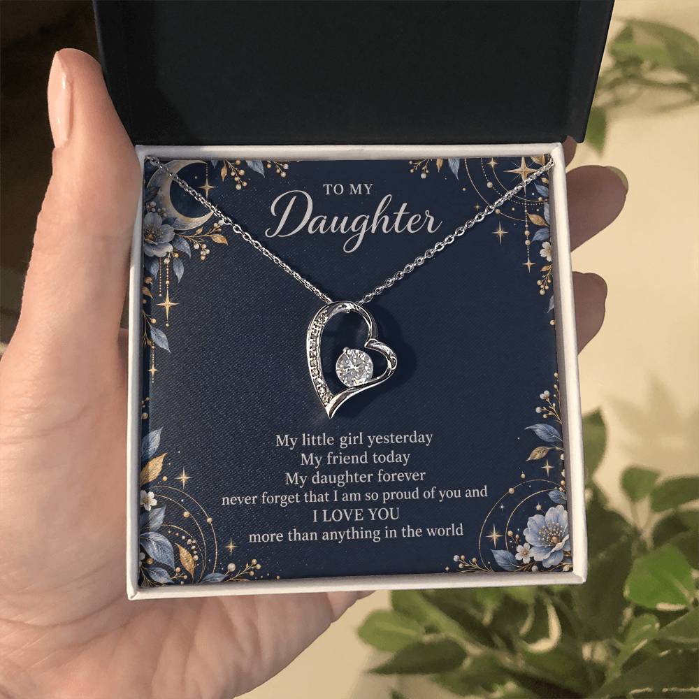 Gift for Daughter Forever Love necklace with Navy Starlight message card in White Gold Finish – standard box held in hand | Hensley London