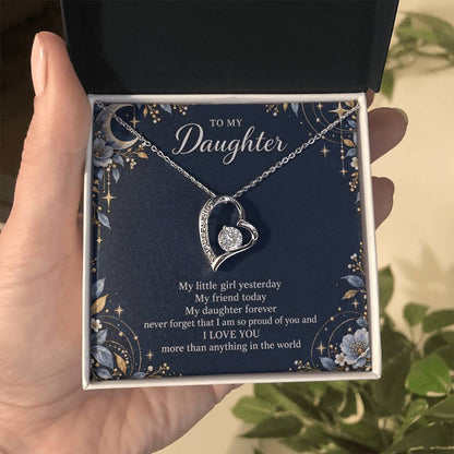 Gift for Daughter Forever Love necklace with Navy Starlight message card in White Gold Finish – standard box held in hand | Hensley London