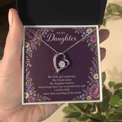 Gift for Daughter Forever Love necklace with Plum Embroidered Meadow message card in White Gold Finish – standard box held in hand | Hensley London