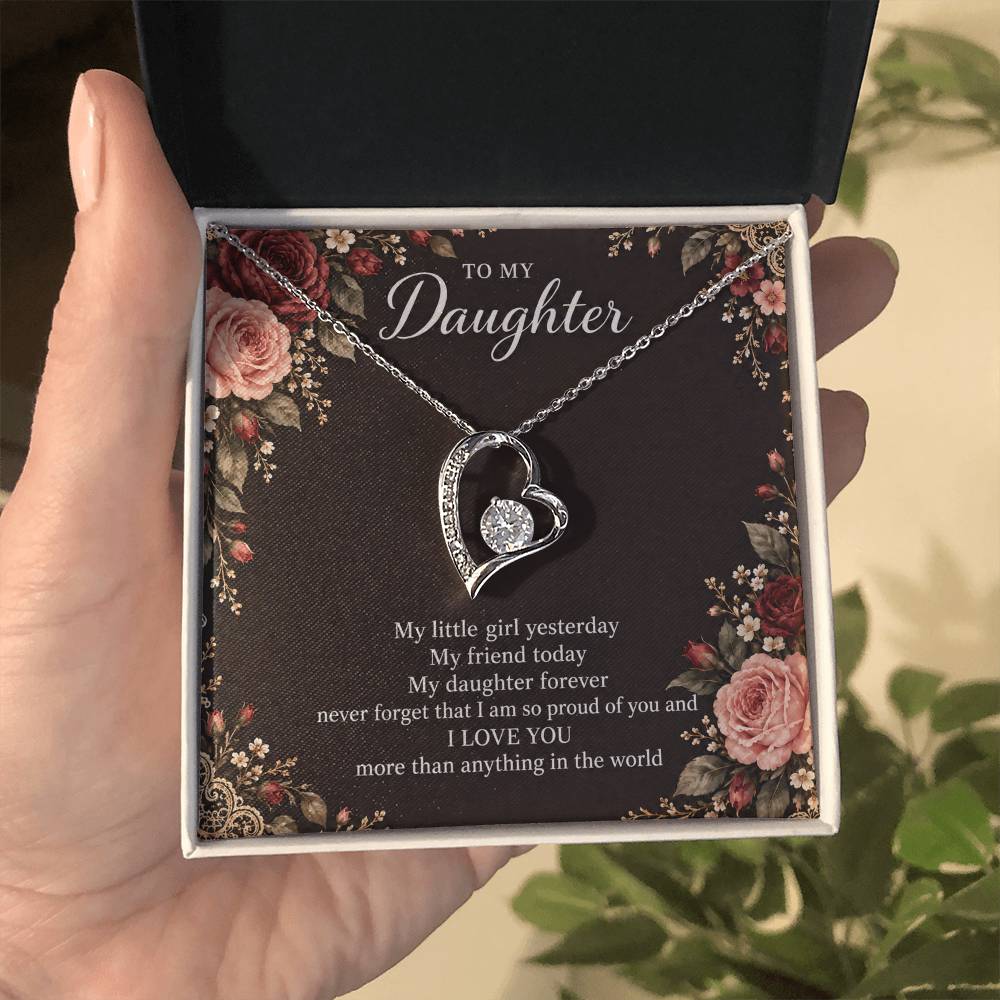 Gift for Daughter Forever Love necklace with Midnight Rose Lace message card in White Gold Finish – standard box held in hand | Hensley London