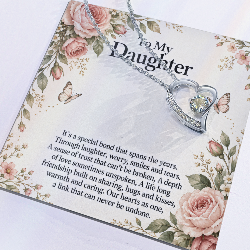 Gift for Daughter Forever Love Necklace in White Gold Finish – floral message card close-up | Hensley London