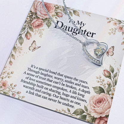 Gift for Daughter Forever Love Necklace in White Gold Finish – floral message card close-up | Hensley London
