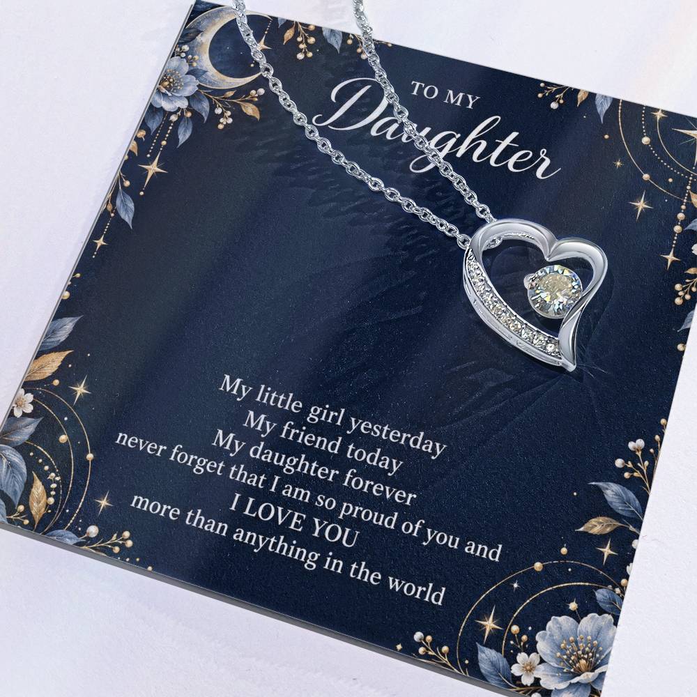 Gift for Daughter Forever Love necklace with Navy Starlight message card in White Gold Finish – message card close-up | Hensley London