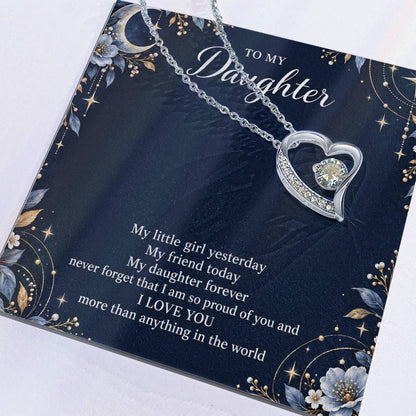 Gift for Daughter Forever Love necklace with Navy Starlight message card in White Gold Finish – message card close-up | Hensley London