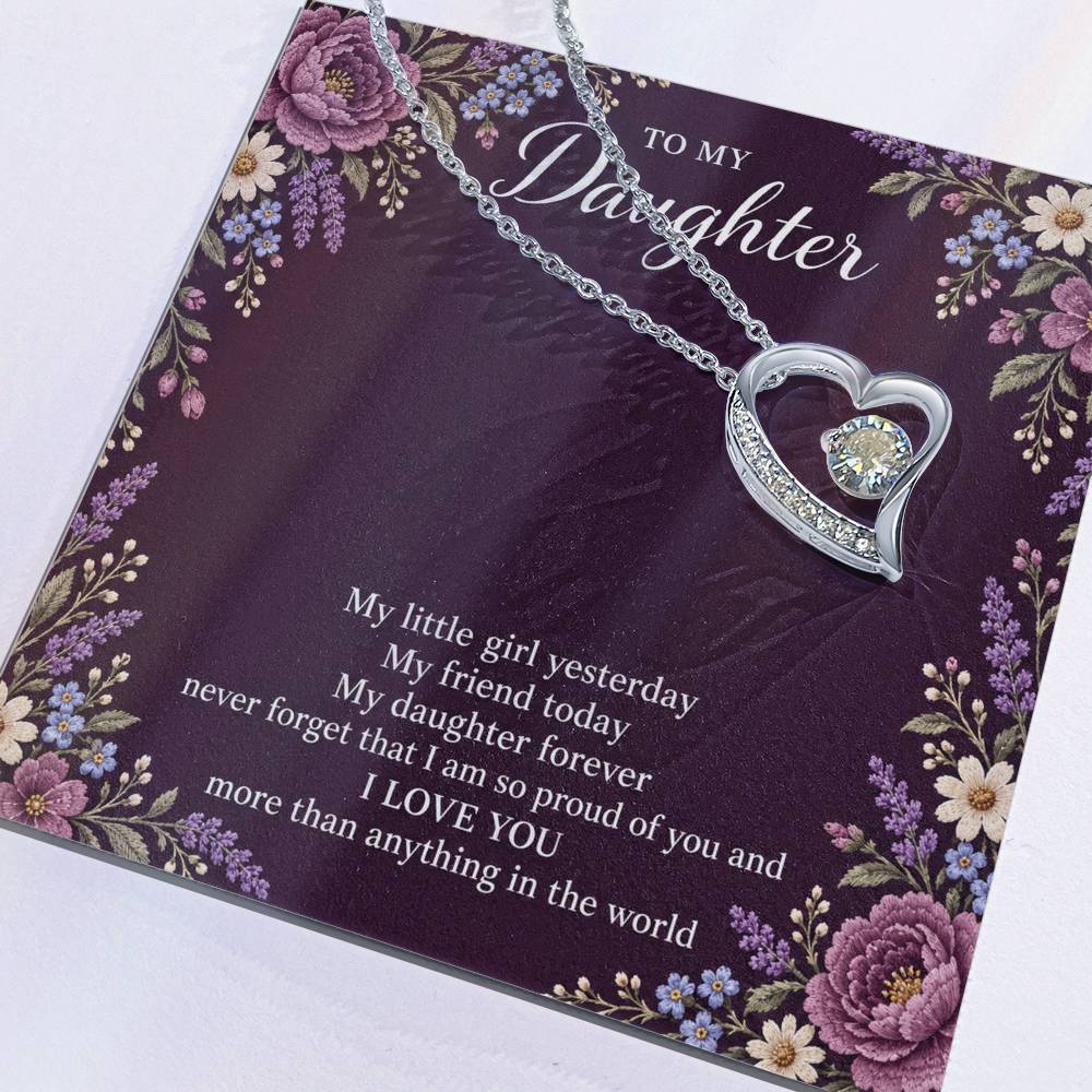 Gift for Daughter Forever Love necklace with Plum Embroidered Meadow message card in White Gold Finish – message card close-up | Hensley London