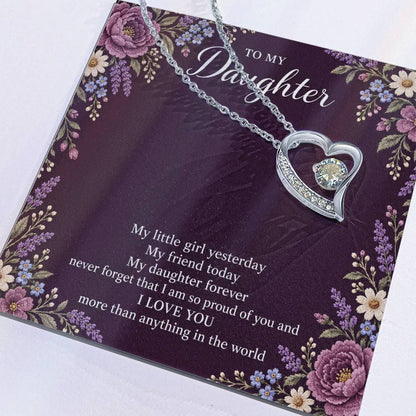 Gift for Daughter Forever Love necklace with Plum Embroidered Meadow message card in White Gold Finish – message card close-up | Hensley London