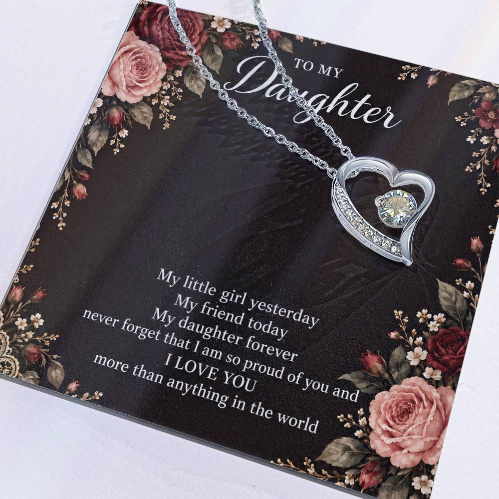 Gift for Daughter Forever Love necklace with Midnight Rose Lace message card in White Gold Finish – message card close-up | Hensley London
