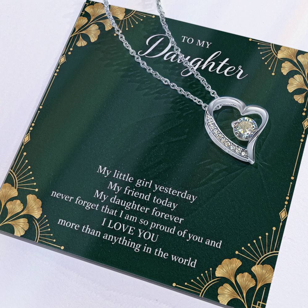 Gift for Daughter Forever Love necklace with Emerald Neo Deco message card in White Gold Finish – message card close-up | Hensley London