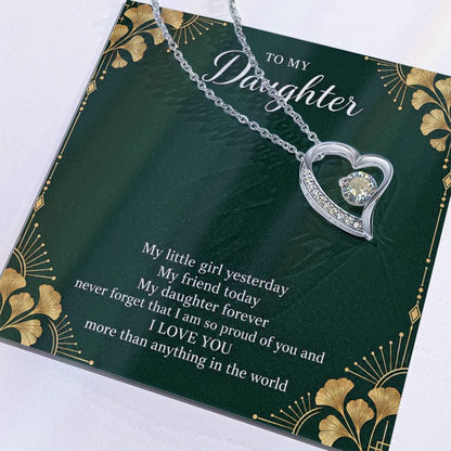 Gift for Daughter Forever Love necklace with Emerald Neo Deco message card in White Gold Finish – message card close-up | Hensley London