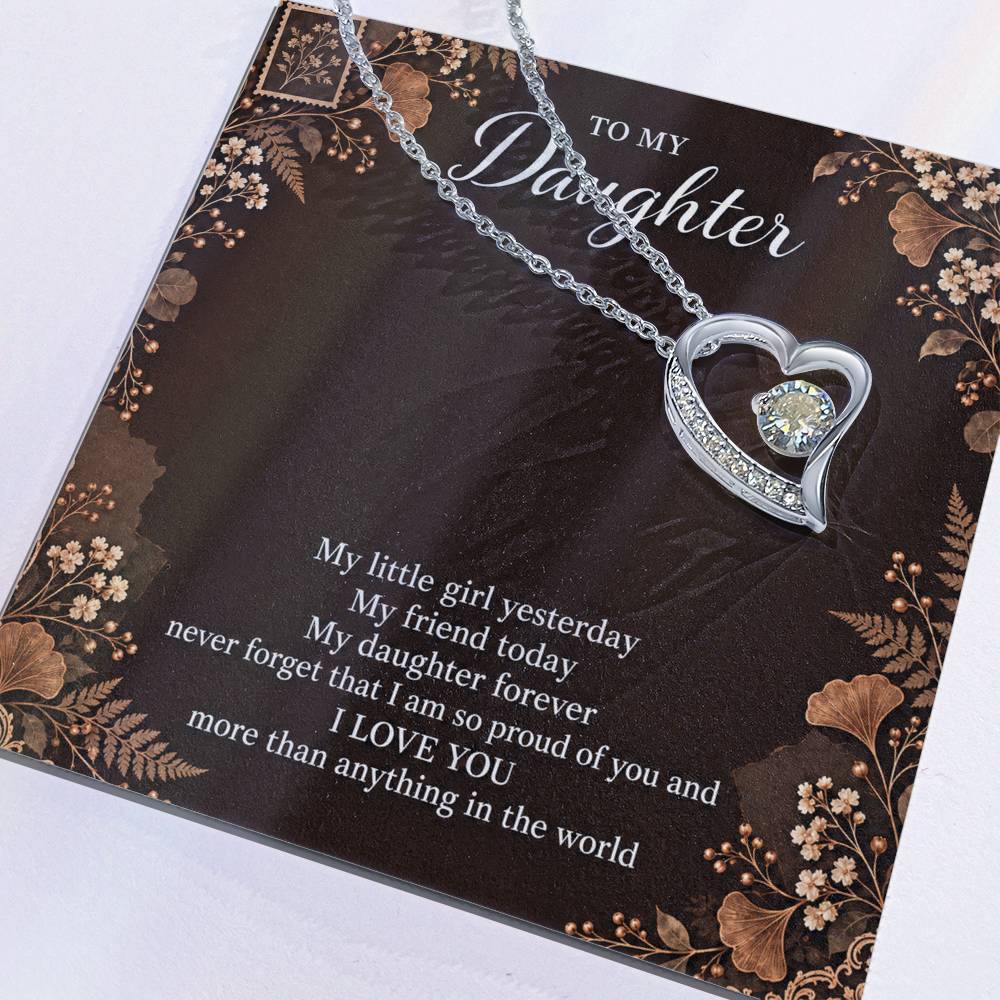 Gift for Daughter Forever Love necklace with Espresso Poet Letter message card in White Gold Finish – message card close-up | Hensley London