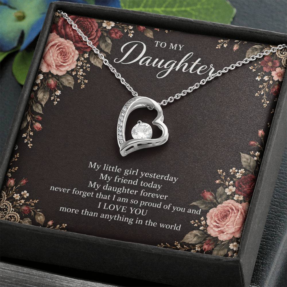 Gift for Daughter Forever Love necklace with Midnight Rose Lace message card in White Gold Finish – standard box angled close-up | Hensley London