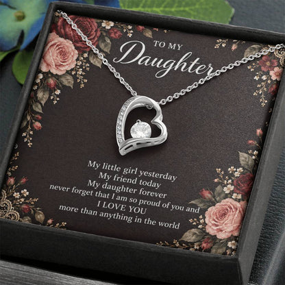 Gift for Daughter Forever Love necklace with Midnight Rose Lace message card in White Gold Finish – standard box angled close-up | Hensley London
