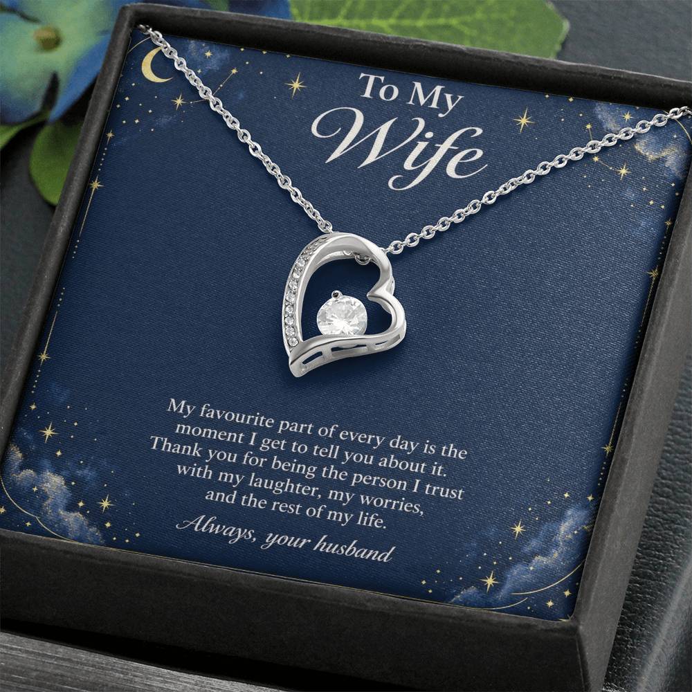 White-gold Forever Love heart necklace and midnight-blue Wife message card in standard box | Hensley London