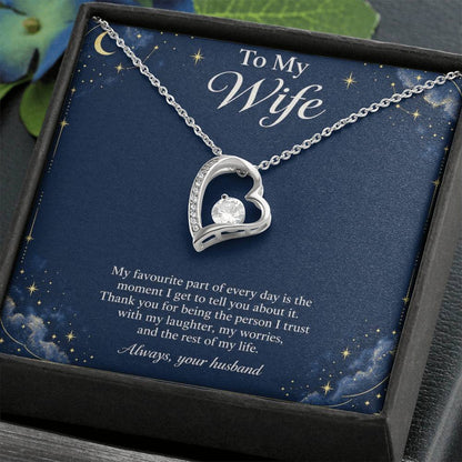 White-gold Forever Love heart necklace and midnight-blue Wife message card in standard box | Hensley London