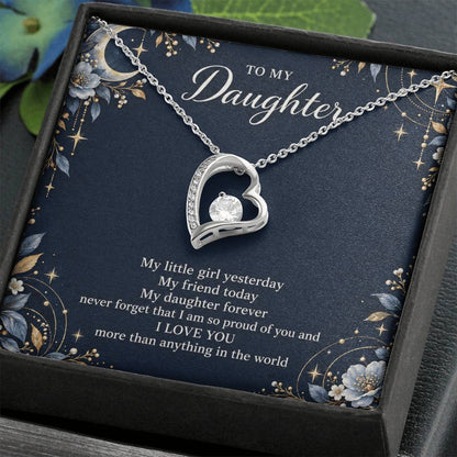 Gift for Daughter Forever Love necklace with Navy Starlight message card in White Gold Finish – standard box angled close-up | Hensley London