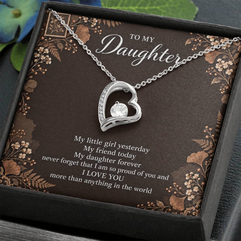 Gift for Daughter Forever Love necklace with Espresso Poet Letter message card in White Gold Finish – standard box angled close-up | Hensley London
