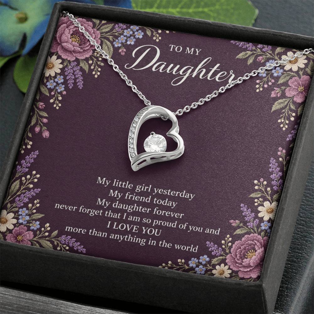 Gift for Daughter Forever Love necklace with Plum Embroidered Meadow message card in White Gold Finish – standard box angled close-up | Hensley London