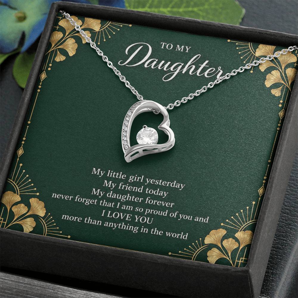 Gift for Daughter Forever Love necklace with Emerald Neo Deco message card in White Gold Finish – standard box angled close-up | Hensley London