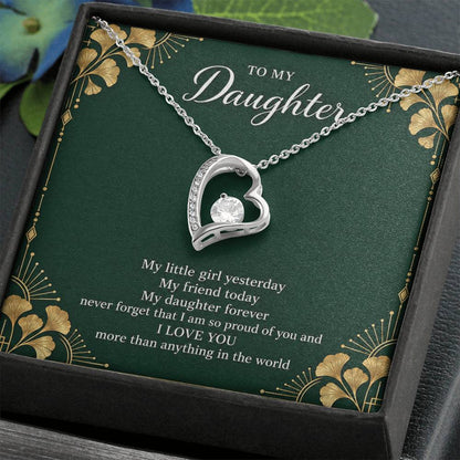 Gift for Daughter Forever Love necklace with Emerald Neo Deco message card in White Gold Finish – standard box angled close-up | Hensley London