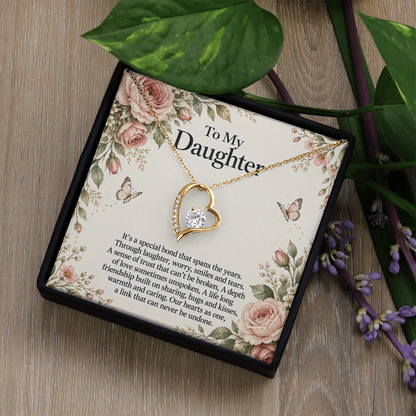 Gift for Daughter Forever Love Necklace in Yellow Gold Finish – standard box lifestyle view | Hensley London