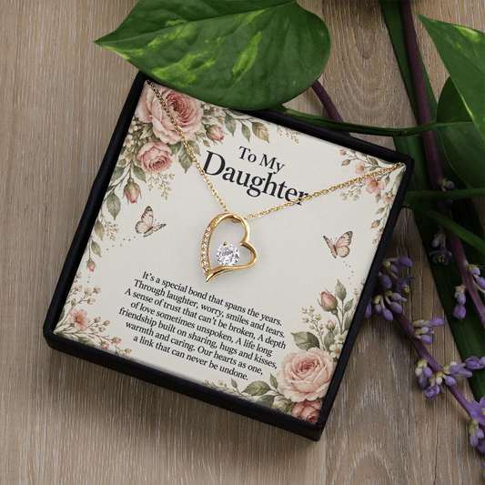 Gift for Daughter Forever Love Necklace in Yellow Gold Finish – standard box lifestyle view | Hensley London