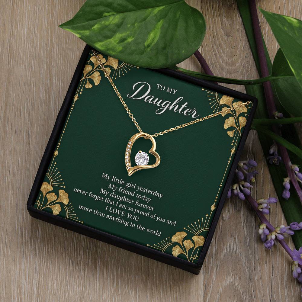 Gift for Daughter Forever Love necklace with Emerald Neo Deco message card in Yellow Gold Finish – standard box lifestyle view | Hensley London