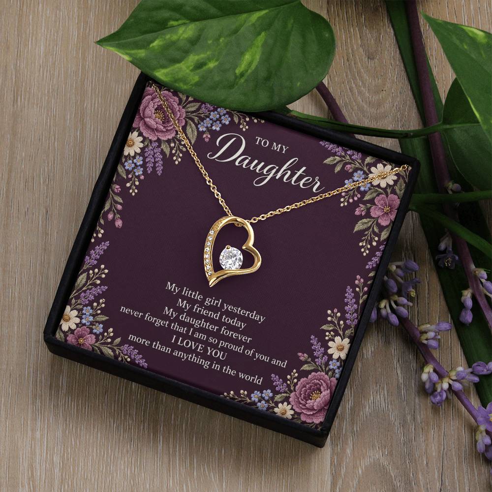 Gift for Daughter Forever Love necklace with Plum Embroidered Meadow message card in Yellow Gold Finish – standard box lifestyle view | Hensley London