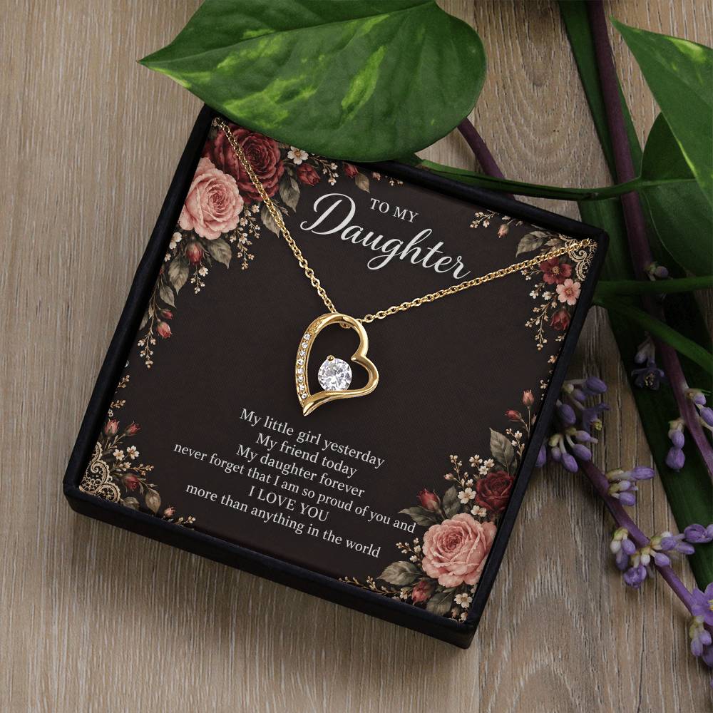 Gift for Daughter Forever Love necklace with Midnight Rose Lace message card in Yellow Gold Finish – standard box lifestyle view | Hensley London