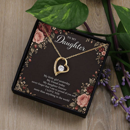 Gift for Daughter Forever Love necklace with Midnight Rose Lace message card in Yellow Gold Finish – standard box lifestyle view | Hensley London