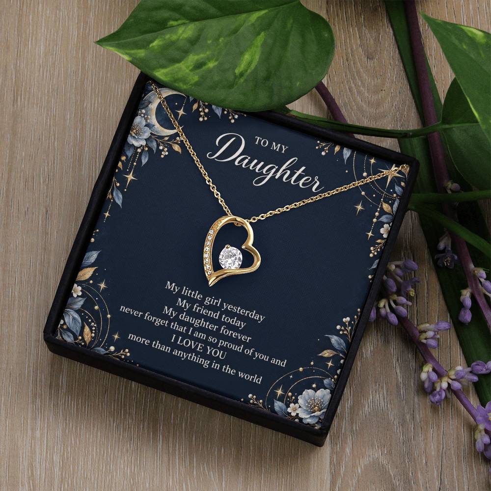 Gift for Daughter Forever Love necklace with Navy Starlight message card in Yellow Gold Finish – standard box lifestyle view | Hensley London